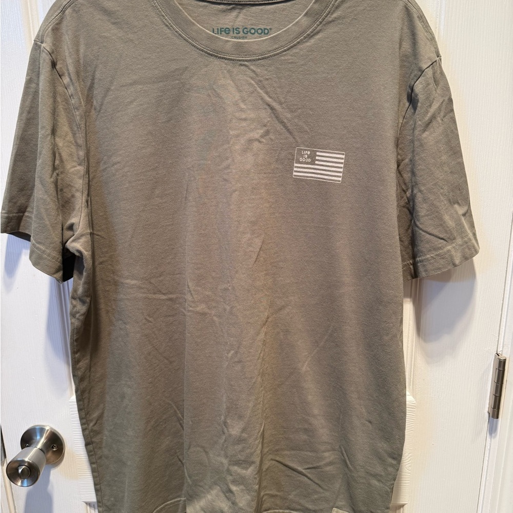 Life Is Good Men's Short Sleeve Tee in Olive Green with Chest Flag